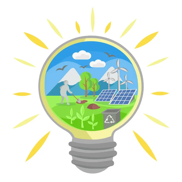 Environmental Landscape Various Ecological Activities Recycling Alterative Energy Objects Lightbulb — Stockvector