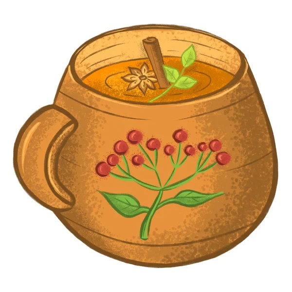 stock image Tea with natural herbs and spices in brown clay mug. Country garden and village home concept. Illustration on white background.