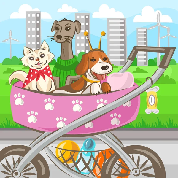 公園を散歩中にベビーカーに3匹の犬 ベクトルイラスト — ストックベクタ
