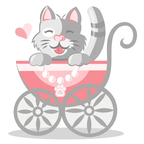Sweet Grey Pussycat Baby Pink Kid Stroller Tiny Paw Pendant — Stock Vector