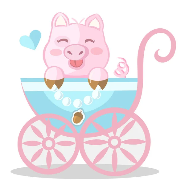 可爱的粉红小猪 蓝色的婴儿车和小橡子挂件 彩色矢量插图 — 图库矢量图片