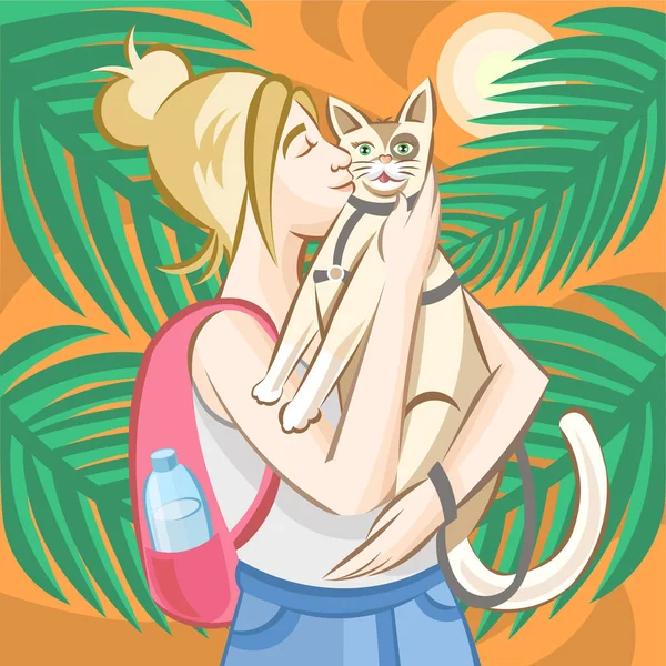 분홍색 배낭을 고양이를 쓰다듬고 금발의 소녀가 야자나무 과해질 그림을 가지고 — 스톡 벡터