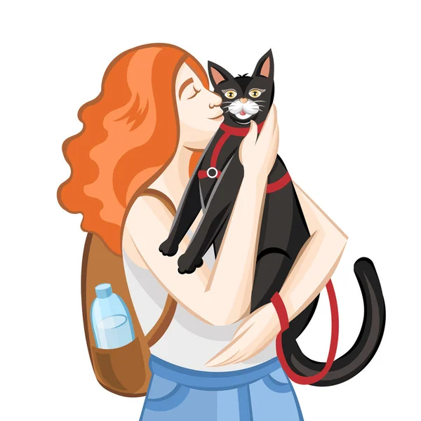 stock vector Ginger girl with brown backpack petting black cat in red pet leash during outside walking on white background - vector illustration