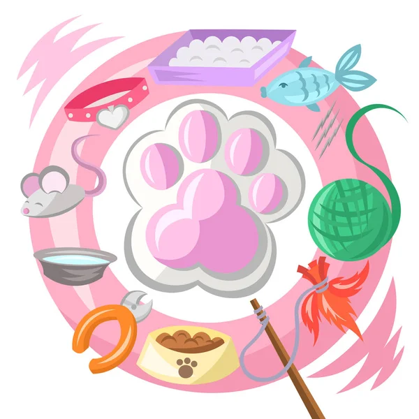 粉红圆圈内的猫爪印 以猫为主题的宠物物件 指甲刀 羽毛棒 猫厕所 — 图库矢量图片