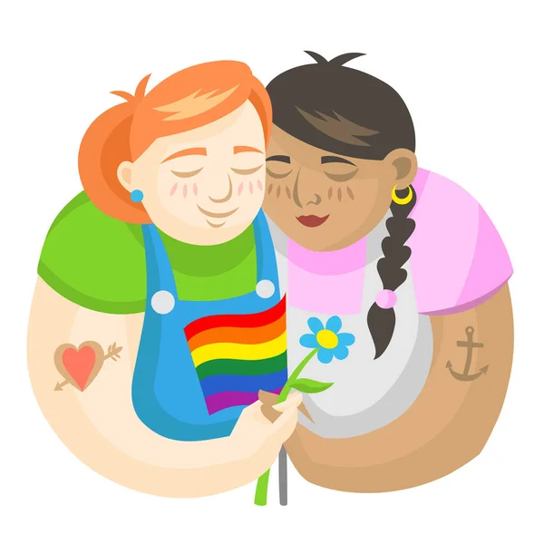 Lgbt Girls Love Holding Rainbow Flag Flower Vector Illustration Inglês — Vetor de Stock