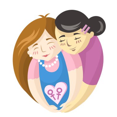 Aşık lezbiyen kızlar, beyaz arka planda kadın işaretleri taşıyorlar. Vektör çizimi. LGBT gurur Gay ve Lezbiyen konsepti