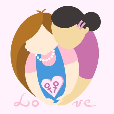 Aşık lezbiyen kızlar pembe arka planda kadın işaretleri taşıyorlar. Basit bir vektör çizimi. LGBT gurur Gay ve Lezbiyen konsepti