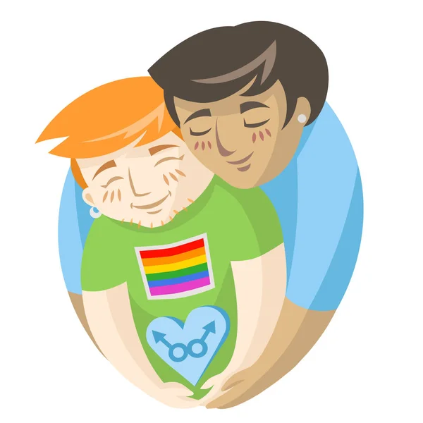 Zamilovaní Gayové Držící Mužské Znaky Srdci Bílém Pozadí Vektorová Ilustrace — Stockový vektor