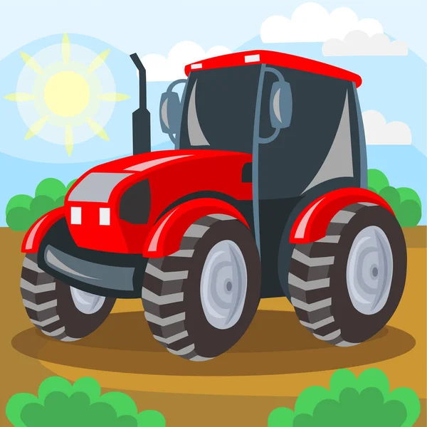 Tractor Rojo Campo Durante Trabajo Cultivo Imagen Vectorial Agricultura Concepto — Archivo Imágenes Vectoriales