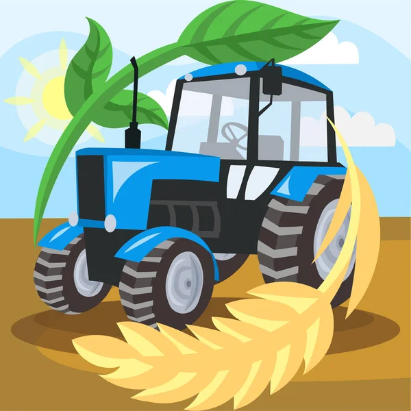 Modrý Traktor Při Práci Poli Uvnitř Kruhu Pšenice Zelené Rostliny — Stockový vektor