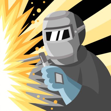 Kaynakçılık sırasında koruyucu maskeli kaynakçı ve özel eldivenler - vektör görüntü. Farklı meslek kavramları