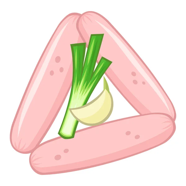 Vector Milk Pink Chicken Sausages Green Onion Garlic Set Different — Stock Vector