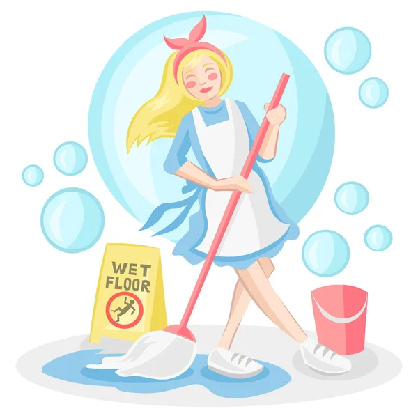Cleaning Lady Blue Uniform Mopping Floor Yellow Wet Floors Sign — Stock Vector