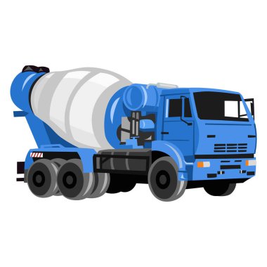 Mavi beton karıştırma makinesi, beyaz arka planda beton kamyon vektör görüntüsü. İnşaat kamyonları koleksiyonu