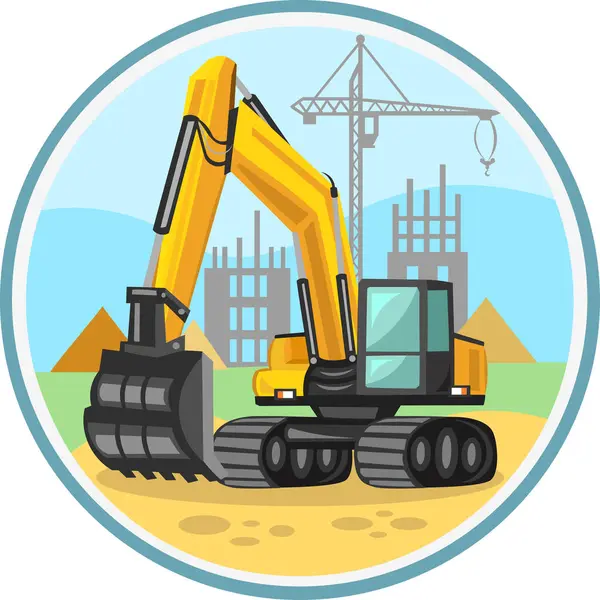 Yellow Building Excavator Vector Image Circle Construction Area Background Excavating — Stock Vector