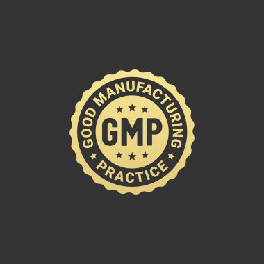 Siyah arka planda Gmp sertifikalı logo ya da gmp sertifikalı etiket. İyi Üretim Çalışmaları. Sertifika gerektiren gıda ürünleri için Gmp sertifikalı logo. Gmp mühür vektörü.