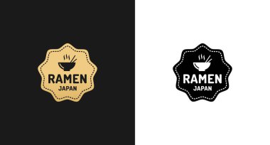 Beyaz ve siyah arka planda ramen logosu ya da ramen logosu. Japon erişte dükkanı için Ramen logosu. Ramen logosu için zarif bir görünüş, tipik bir Japon helal eriştesi. Japon erişte etiketi.