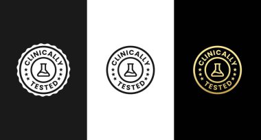 Klinik olarak test edilmiş bir etiket ya da düz bir şekilde izole edilmiş klinik test edilmiş işaret vektörü. Ürün ambalajlama için klinik test simgesi. Kozmetik veya sağlık ürünleri ambalajı için klinik olarak kanıtlanmış etiket simgesi