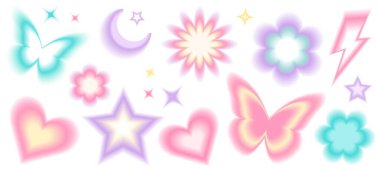 Y2k blurred gragient unfocused set. Abstract geometric shapes in trendy retro style. Heart, flower, daisy, butterfly, star, moon clipart