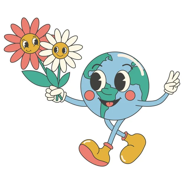 Y2K可爱的地球日卡通贴纸 环境保护 可爱的泥土和花朵 — 图库矢量图片