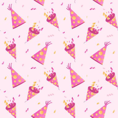 Parti şapkaları ve havai fişeklerle kusursuz bir desen.