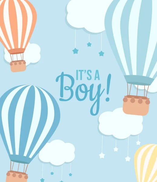 Boy Baby Shower Card Hot Air Balloons Clouds Stars Blue — Stock Vector