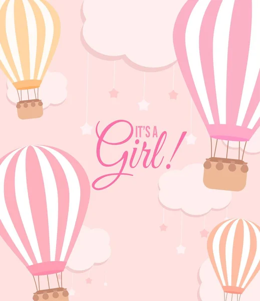 Sıcak hava balonları ve pembe arka planda yıldızlar olan bulutlu bir kız bebek hediye kartı.