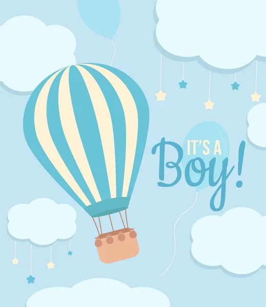 Cute Boy Baby Shower Card Hot Air Balloon Clouds Stars — Stock Vector