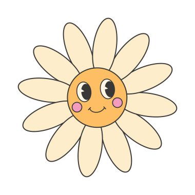 70 'lerin modası geçmiş hippi çıkartması. Sevimli, gülen çiçek karakteri etiketi modaya uygun, modaya uygun, psikedelik çizgi film tarzı..