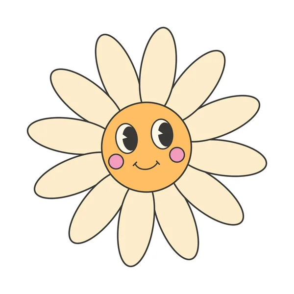 Retrogroovy Hippie Adesivo Adesivo Personagem Flor Sorridente Bonito Estilo Desenho — Vetor de Stock