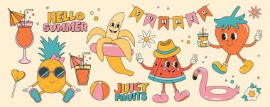 Yaz meyveleri ve elementlerle donatılmış nefis bir çıkartma. Çilek, karpuz, ananas, muz. Moda modası geçmiş çizgi film karakterleri, komik maskot karakterleri.