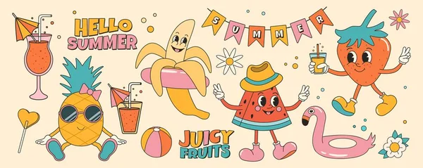 Yaz meyveleri ve elementlerle donatılmış nefis bir çıkartma. Çilek, karpuz, ananas, muz. Moda modası geçmiş çizgi film karakterleri, komik maskot karakterleri.