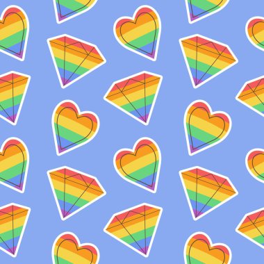 LGBTQ topluluğunun gökkuşağı sembollü kusursuz desen. Gurur ayı. Retro moda tarzı