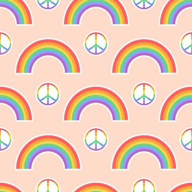 LGBTQ topluluk sembolleriyle kusursuz bir düzen. Gökkuşağı ve barış işareti. Gurur ayı. Retro moda tarzı