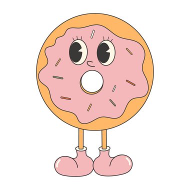 Modaya uygun donut etiketi. Tatlı ve komik karakterli Retro vintage vektör etiketi.