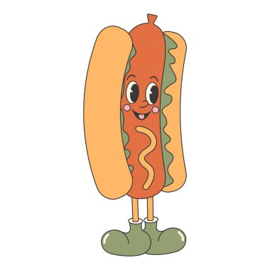 Moda tarzı fast food etiketi. Şirin ve komik sosisli sandviç karakterli Retro vintage vektör etiketi.