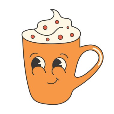 Eski moda kupa, fincan çizgi film karakteri. Sonbahar mevsimi sıcak içeceği. Klasik maskot çıkartması.