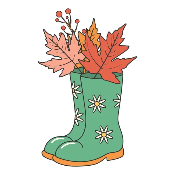 Retro Fetzige Gummistiefel Mit Niedlichen Weißen Gänseblümchen Und Herbstblättern Cartoon — Stockvektor