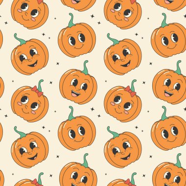 Güz sonbaharı, sevimli balkabaklarıyla mükemmel, pürüzsüz desenler. Vintage vektör deseni.