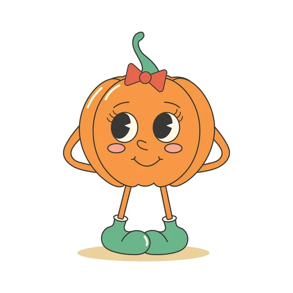 レトログルービーかわいいカボチャのキャラクター レトロマスコットのステッカー 秋の秋の庭のコンセプト — ストックベクタ