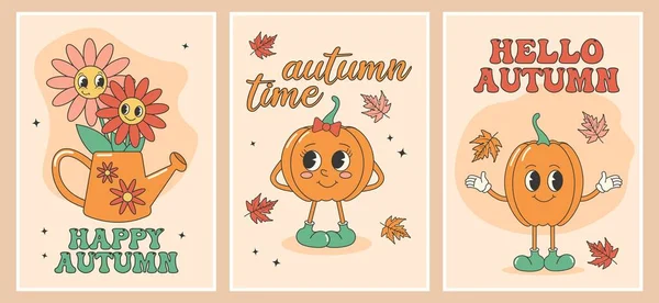 Groovy Outono Cartão Queda Conjunto Cartaz Com Abóboras Outono Bonito — Vetor de Stock