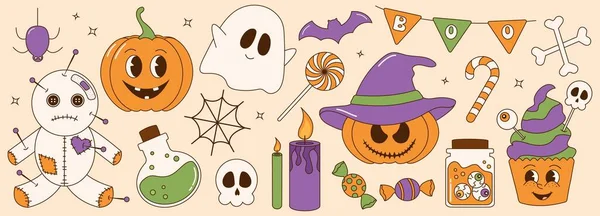 Świetny Zestaw Naklejek Retro Halloween Modny Styl Retro Kreskówki Postacie — Wektor stockowy