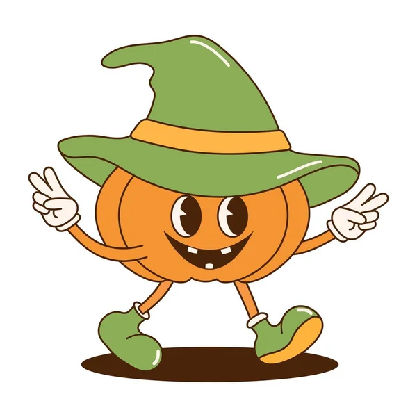 Adhesivo Calabaza Halloween Lindo Retro Groovy Personaje Dibujos Animados Estilo — Vector de stock