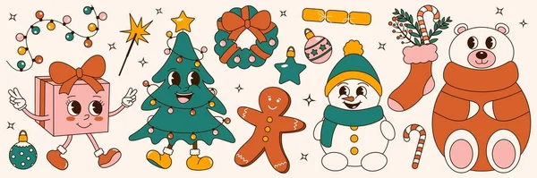 70 'lerin havalı Noel çıkartması seti. Eski moda çizgi film tarzı. Çizgi film karakterleri ve elementleri. Noel ağacı, ayı, kardan adam, zencefilli ekmek, hediye