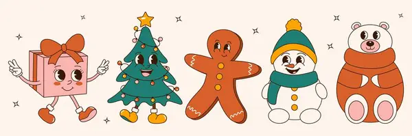 70 'lerin modası geçmiş Noel çıkartması seti. Eski moda çizgi film tarzı. Çizgi film karakterleri, maskotlar. Kardan adam, Noel ağacı, zencefilli ekmek, hediye, ayı