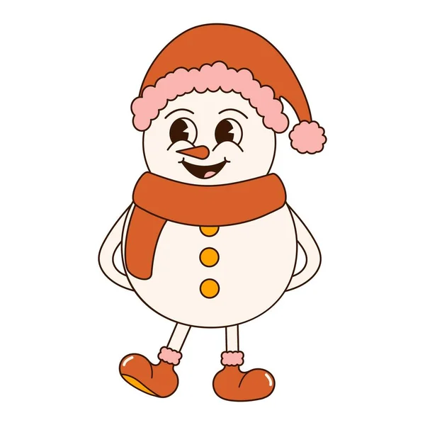 Groovy 크리스마스 스티커 트렌디한 복고풍 스타일의 캐릭터 마스코트 귀여운 눈사람 — 스톡 벡터