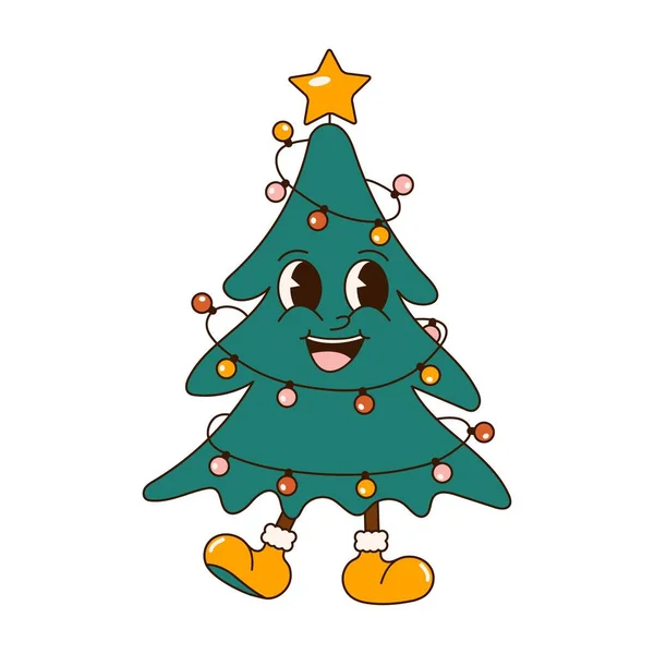 Groovy 70S Christmas Sticker Cartoon Character Trendy Retro Style Comic — Stock Vector