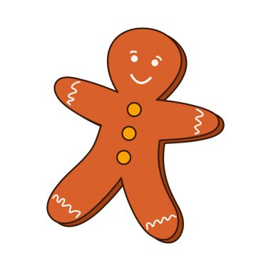 70 'lerin havalı Noel çıkartması. Moda modası geçmiş çizgi film karakteri, komik maskot. Tatlı zencefilli ekmek adam.