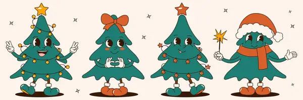 70 'lerin havalı Noel çıkartması seti. Eski moda çizgi film tarzı. Çizgi film Noel ağacı karakterleri. Çizgi romanlar