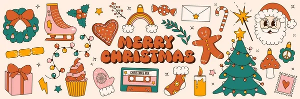 Mutlu noeller. 70 'lerin havalı Noel çıkartması seti. Moda retro çizgi film biçimi elementleri.